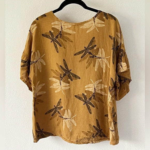 Elena Baldi Linen Lagenlook Brown & Gold Dragonfly Ruffled Sleeve Shirt Small - Picture 3 of 9